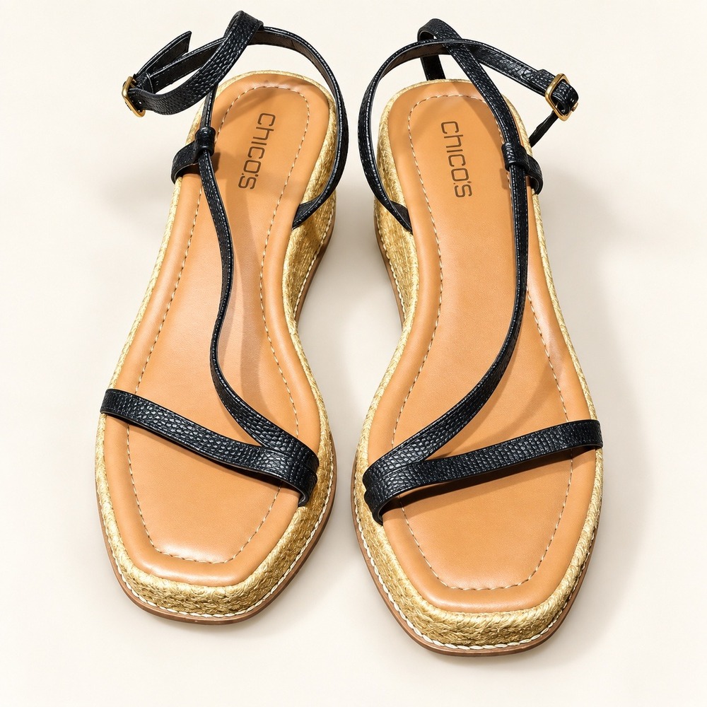 Chico's Black Strappy Espadrille Wedge Sandals Square Toe Ankle Strap Size 9M